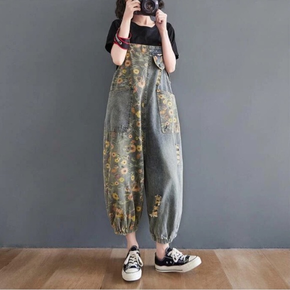 Women Print Floral Denim Overalls Casual Loose Size M Jumpsuit Wide Leg Pants - Picture 5 of 15
